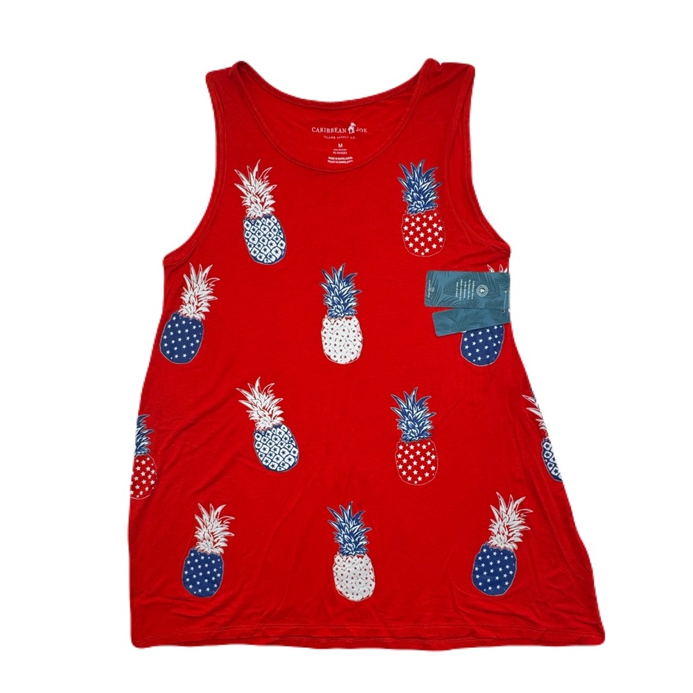 Caribbean Joe Red Tank Top with Blue and White Pineapple Design - Patriotic, M